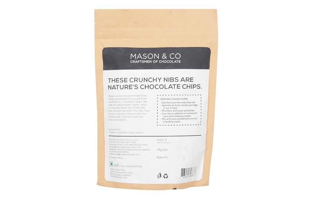 Mason & Co Cacao Nibs (Roasted & Cracked Organic Cacao Beans)   Pack  300 grams